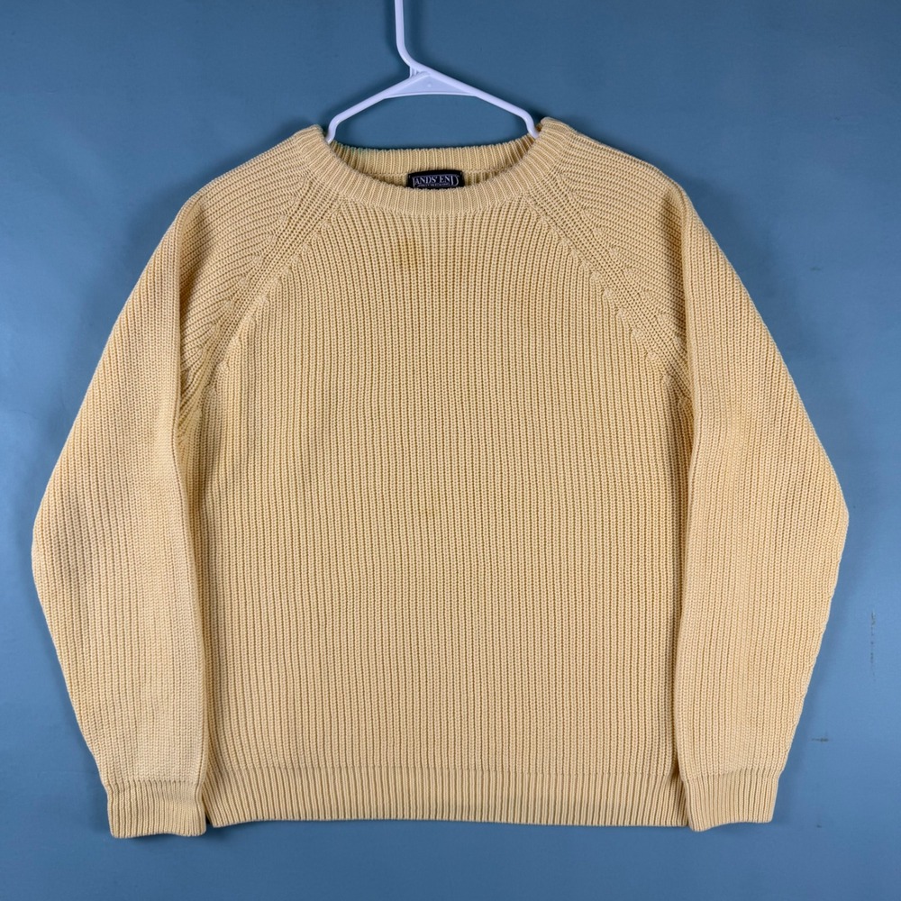 Vintage 80s 90s Lands End Womens L Cream Cotton Ribbed Sweater Made in USA